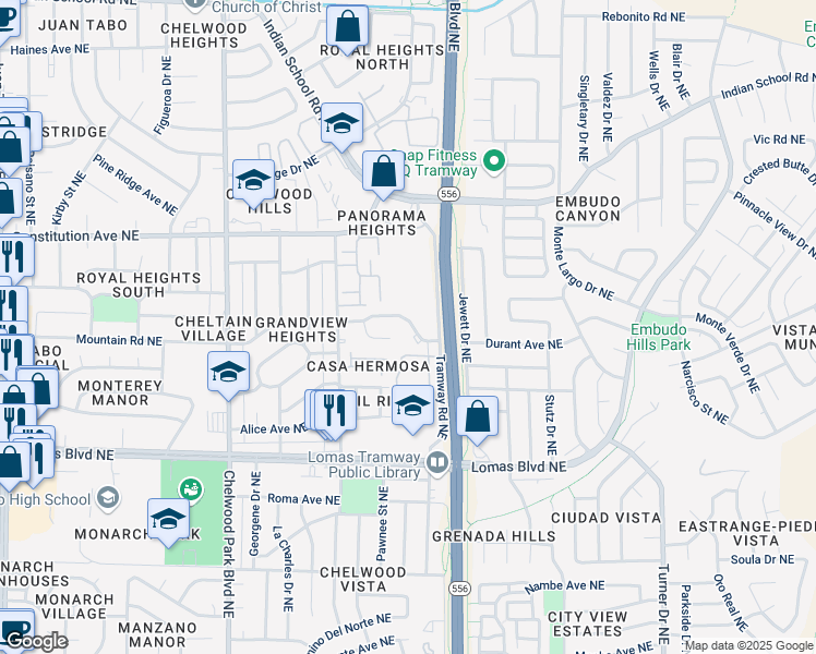 map of restaurants, bars, coffee shops, grocery stores, and more near 13304 Mountain Road Northeast in Albuquerque