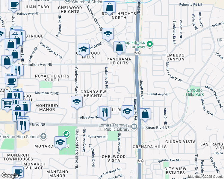 map of restaurants, bars, coffee shops, grocery stores, and more near 13103 Mountain Road Northeast in Albuquerque