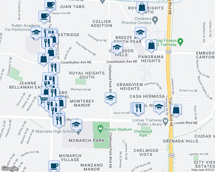 map of restaurants, bars, coffee shops, grocery stores, and more near 1109 Chelwood Park Boulevard Northeast in Albuquerque