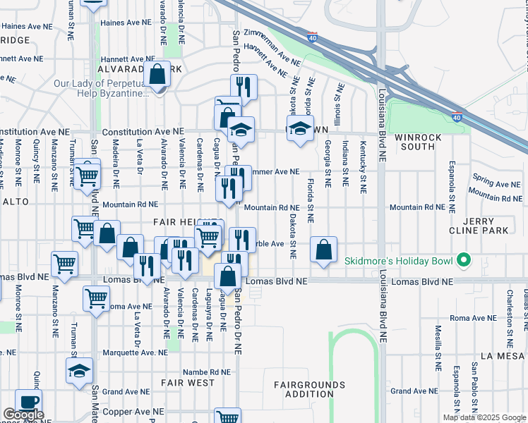 map of restaurants, bars, coffee shops, grocery stores, and more near 6313 Mountain Road Northeast in Albuquerque
