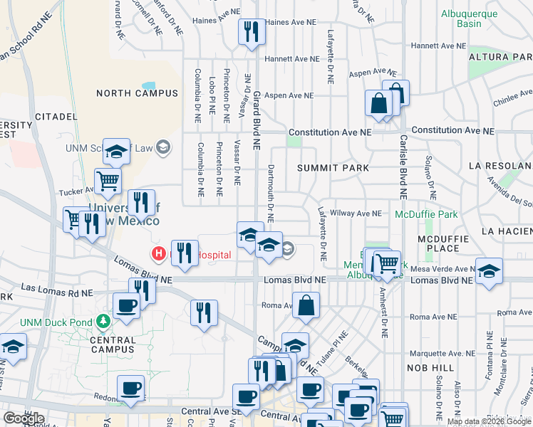 map of restaurants, bars, coffee shops, grocery stores, and more near 927 Dartmouth Drive Northeast in Albuquerque