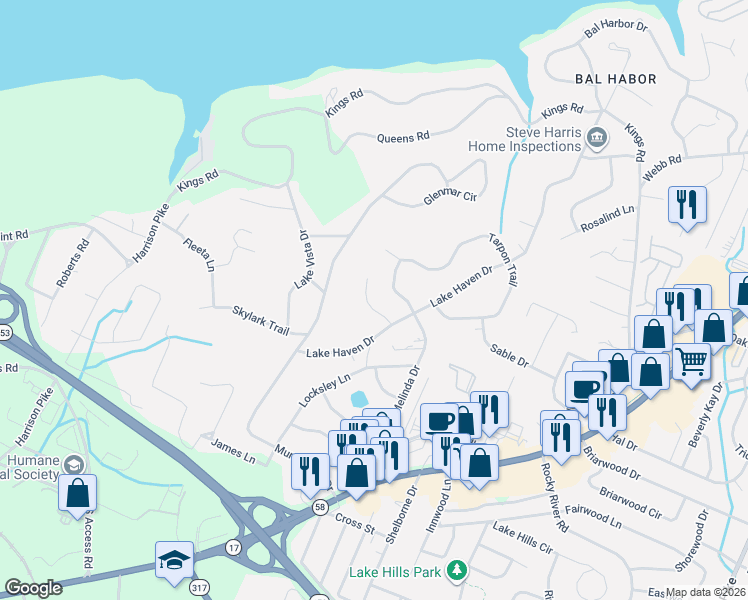 map of restaurants, bars, coffee shops, grocery stores, and more near 4208 Lake Haven Lane in Chattanooga