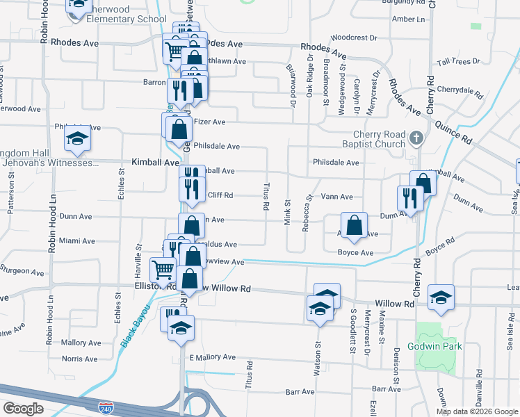 map of restaurants, bars, coffee shops, grocery stores, and more near 4077 Oak Cliff Road in Memphis