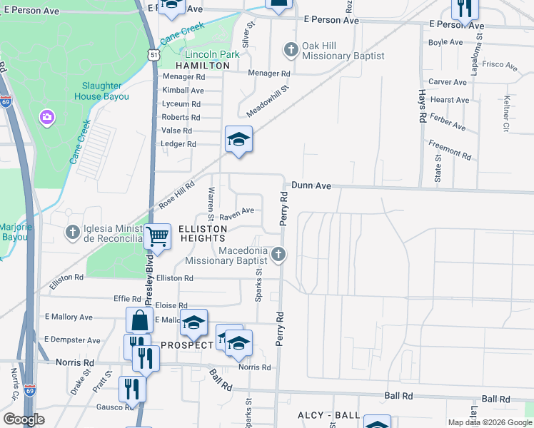map of restaurants, bars, coffee shops, grocery stores, and more near 1524 Raven Avenue in Memphis