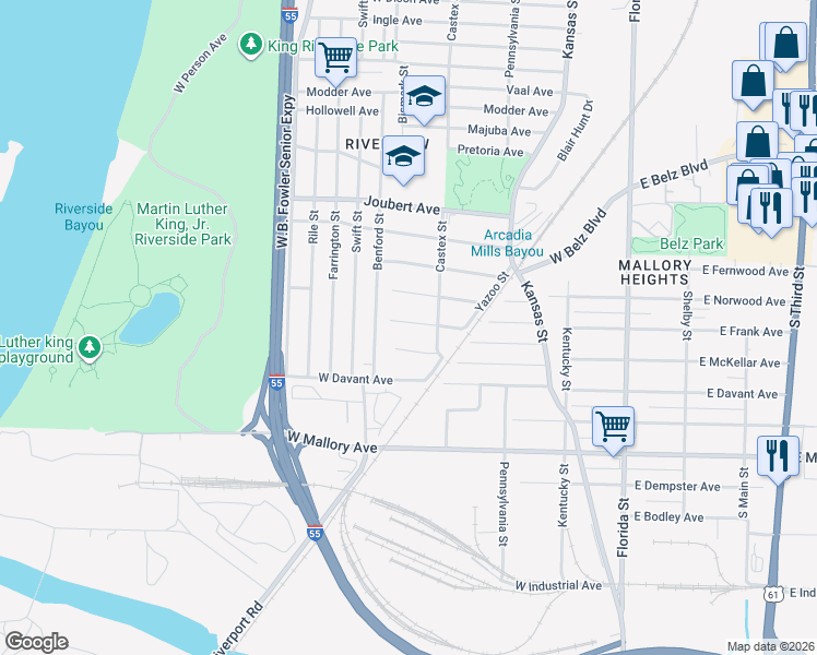 map of restaurants, bars, coffee shops, grocery stores, and more near 276 West Frank Avenue in Memphis