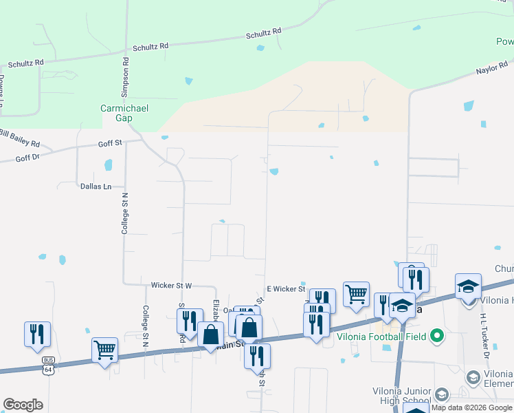 map of restaurants, bars, coffee shops, grocery stores, and more near 59 North Church Street in Vilonia