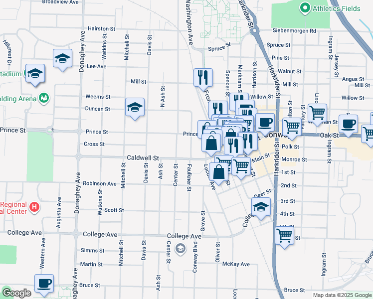 map of restaurants, bars, coffee shops, grocery stores, and more near 928 Center Street in Conway