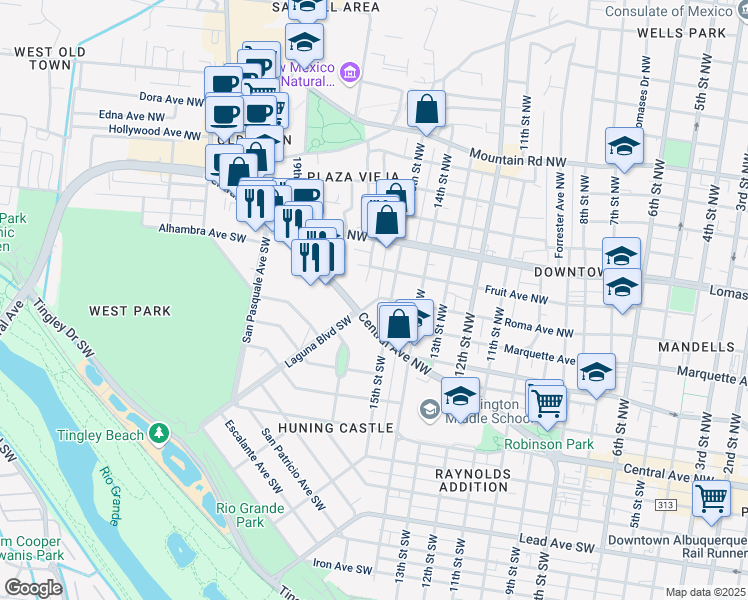map of restaurants, bars, coffee shops, grocery stores, and more near 121 Laguna Boulevard Northwest in Albuquerque