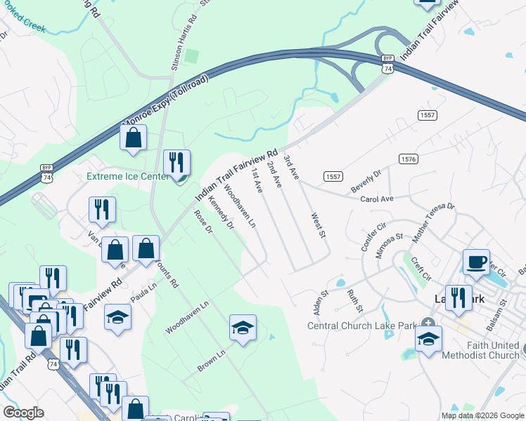 map of restaurants, bars, coffee shops, grocery stores, and more near 6723 1st Avenue in Indian Trail