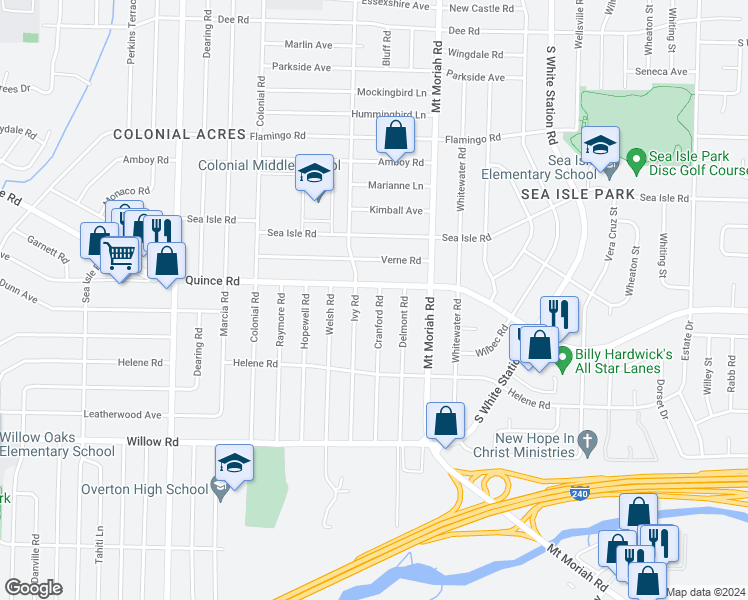 map of restaurants, bars, coffee shops, grocery stores, and more near 1499 Cranford Road in Memphis