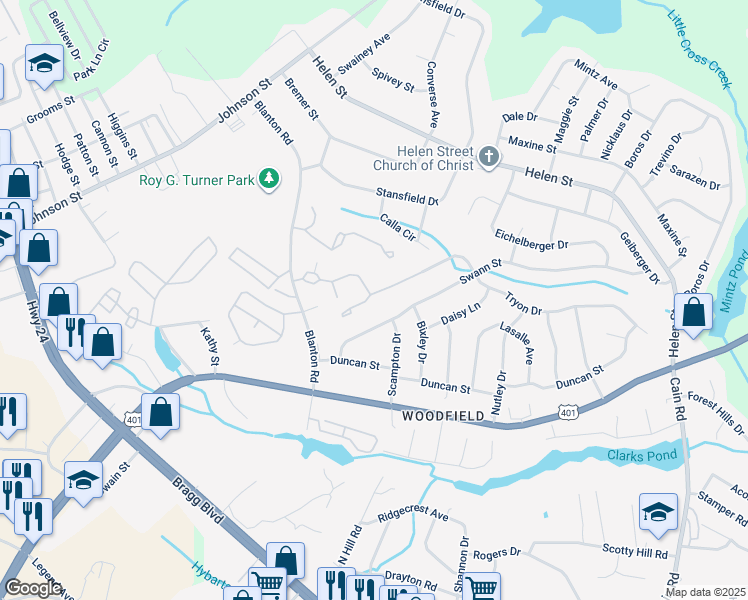 map of restaurants, bars, coffee shops, grocery stores, and more near 1825 Tryon Drive in Fayetteville