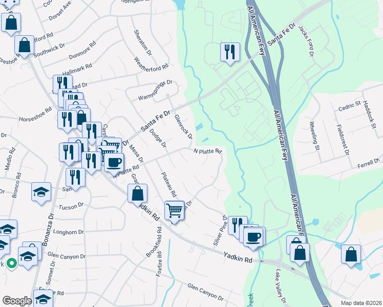 map of restaurants, bars, coffee shops, grocery stores, and more near 512 North Platte Road in Fayetteville