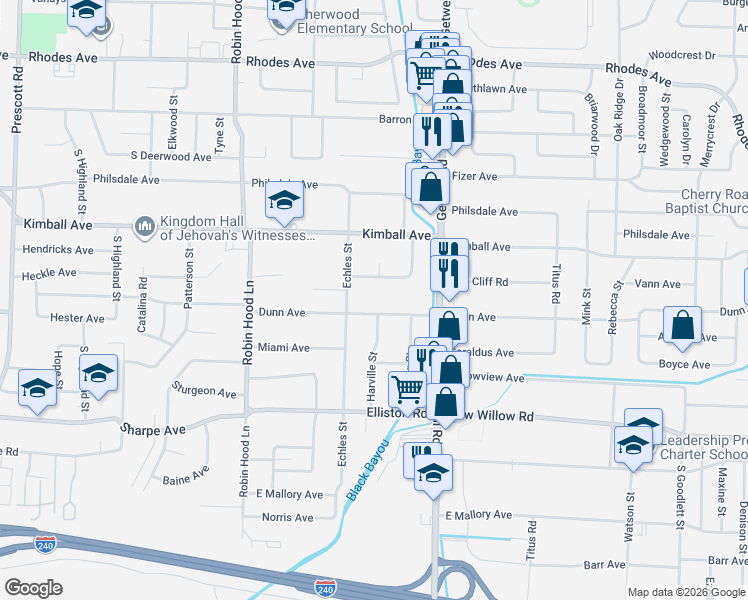 map of restaurants, bars, coffee shops, grocery stores, and more near 3858 Dunn Avenue in Memphis