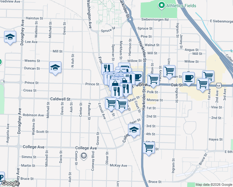 map of restaurants, bars, coffee shops, grocery stores, and more near 1120 Oak Street in Conway