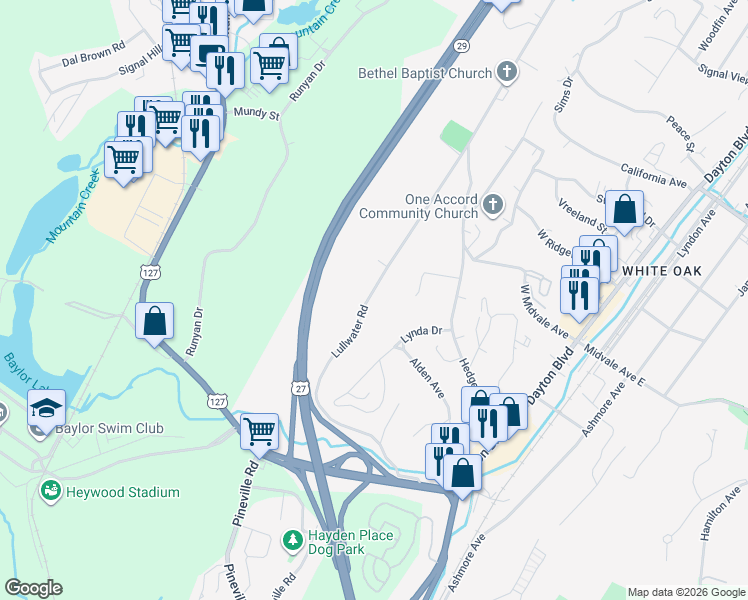 map of restaurants, bars, coffee shops, grocery stores, and more near 433 Lullwater Road in Chattanooga