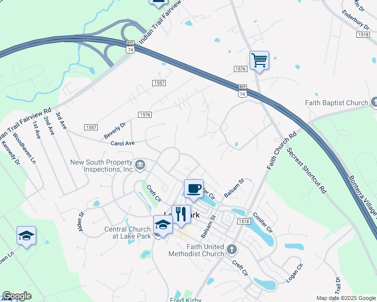 map of restaurants, bars, coffee shops, grocery stores, and more near 6314 Trevor Simpson Drive in Indian Trail