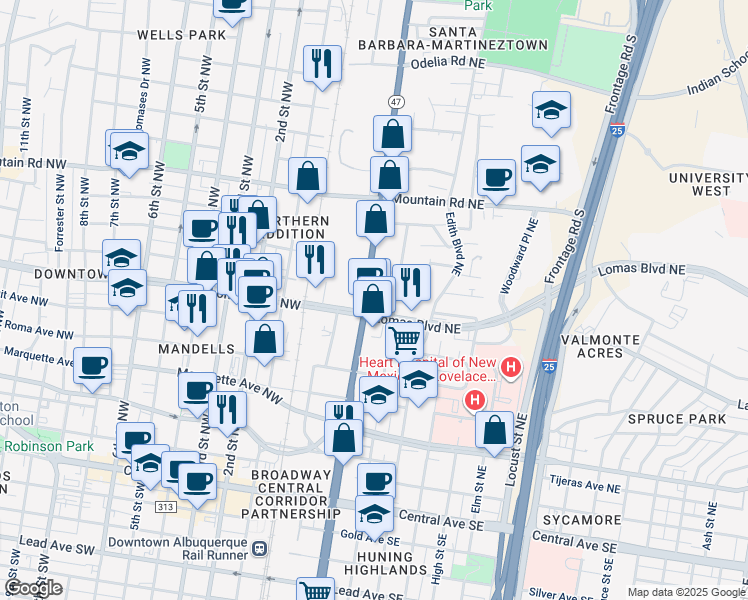 map of restaurants, bars, coffee shops, grocery stores, and more near in Albuquerque