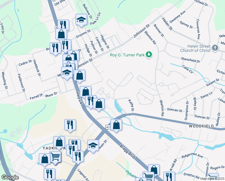 map of restaurants, bars, coffee shops, grocery stores, and more near 3613 Sapphire Drive in Fayetteville