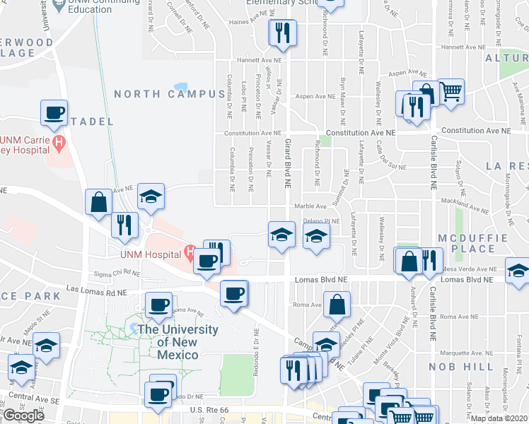map of restaurants, bars, coffee shops, grocery stores, and more near 923 Vassar Drive Northeast in Albuquerque
