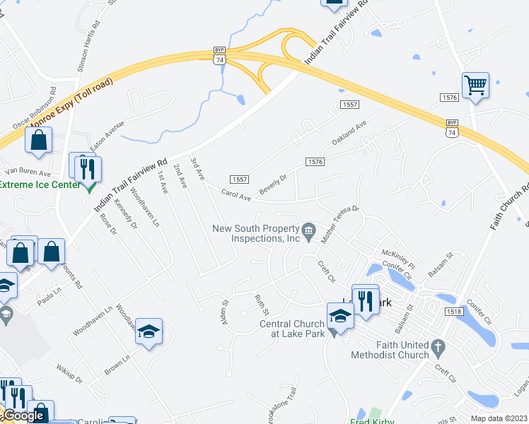 map of restaurants, bars, coffee shops, grocery stores, and more near 3924 Etheredge Street in Indian Trail