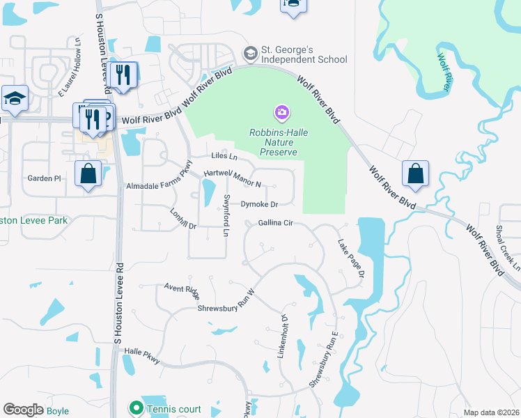 map of restaurants, bars, coffee shops, grocery stores, and more near 1767 Dymoke Drive in Collierville