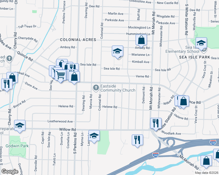 map of restaurants, bars, coffee shops, grocery stores, and more near 4777 Quince Road in Memphis