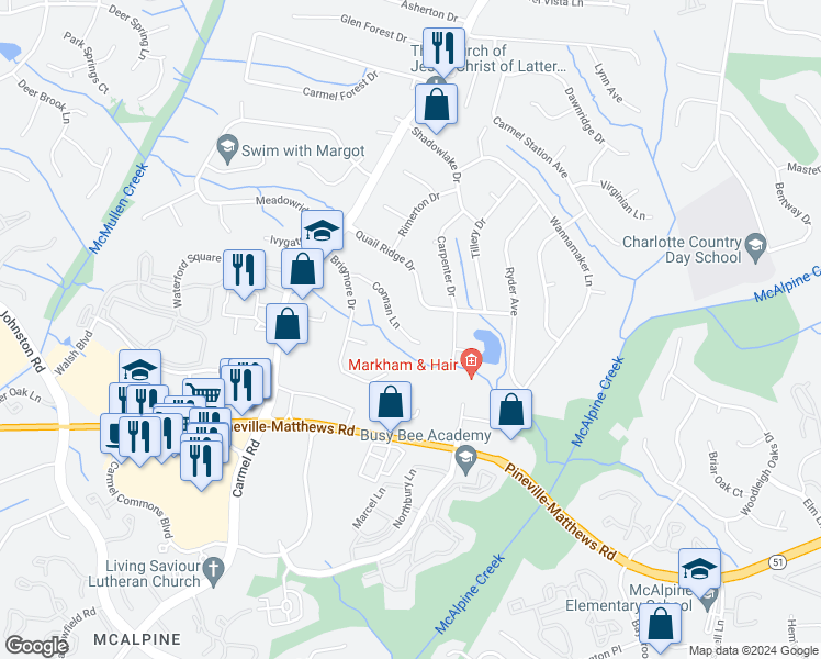 map of restaurants, bars, coffee shops, grocery stores, and more near 7222 Connan Lane in Charlotte