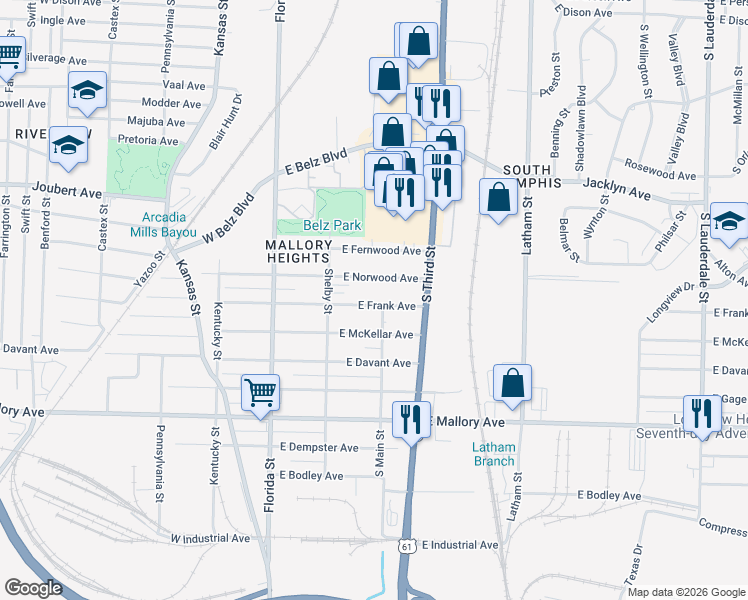 map of restaurants, bars, coffee shops, grocery stores, and more near 130 East Frank Avenue in Memphis