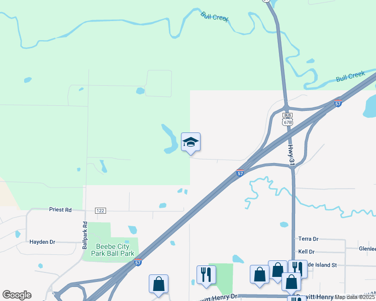 map of restaurants, bars, coffee shops, grocery stores, and more near 196 Matheny Lane in Beebe