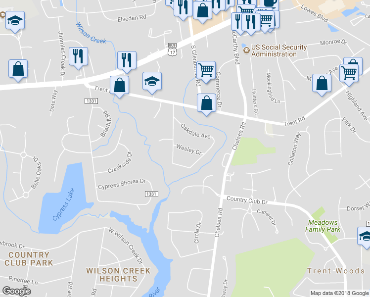 map of restaurants, bars, coffee shops, grocery stores, and more near 110 Wesley Drive in New Bern