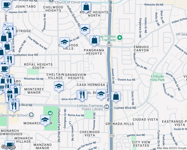 map of restaurants, bars, coffee shops, grocery stores, and more near 13212 Mountain Road Northeast in Albuquerque