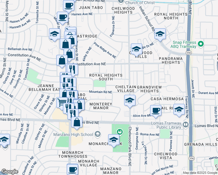 map of restaurants, bars, coffee shops, grocery stores, and more near 12412 Rosemont Avenue Northeast in Albuquerque