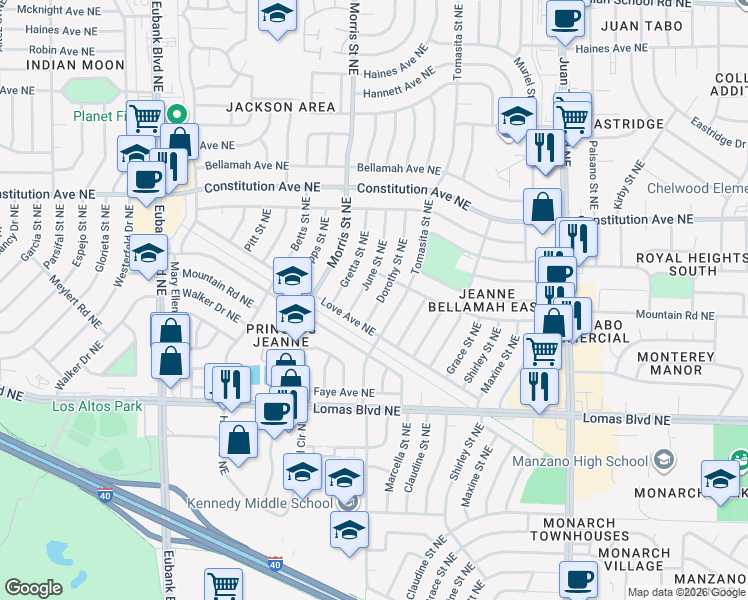 map of restaurants, bars, coffee shops, grocery stores, and more near 1022 June Street Northeast in Albuquerque