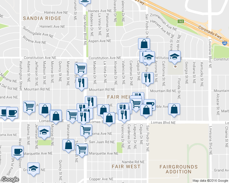 map of restaurants, bars, coffee shops, grocery stores, and more near 5512 Mountain Road Northeast in Albuquerque