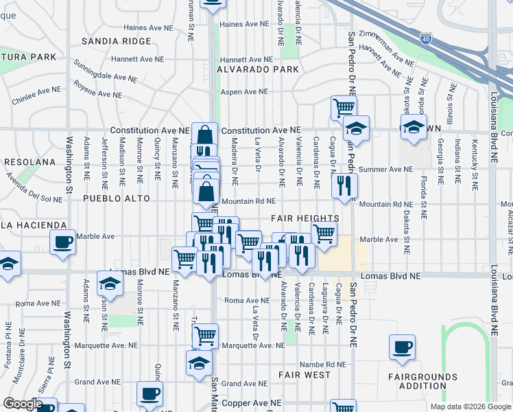 map of restaurants, bars, coffee shops, grocery stores, and more near 5412 Mountain Road Northeast in Albuquerque