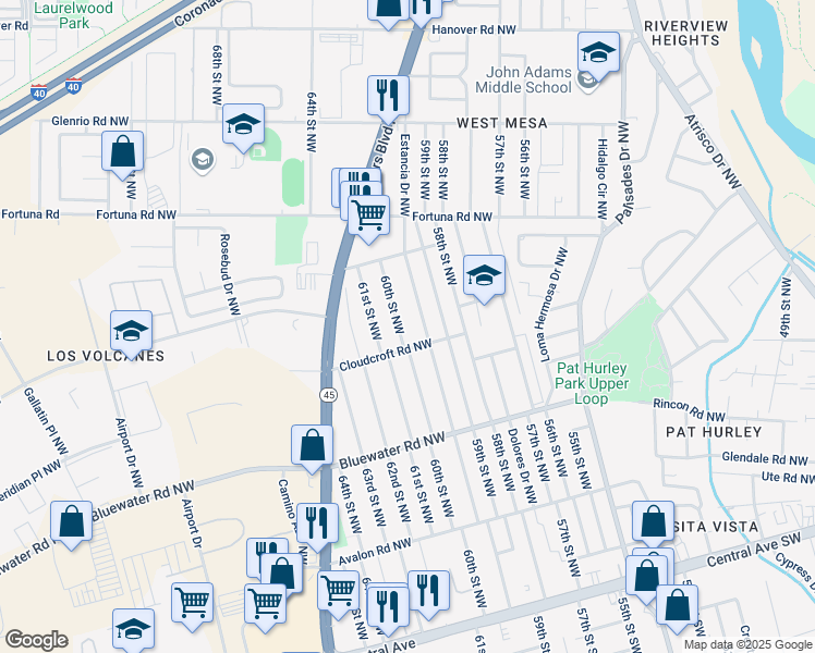 map of restaurants, bars, coffee shops, grocery stores, and more near 521 Estancia Drive Northwest in Albuquerque