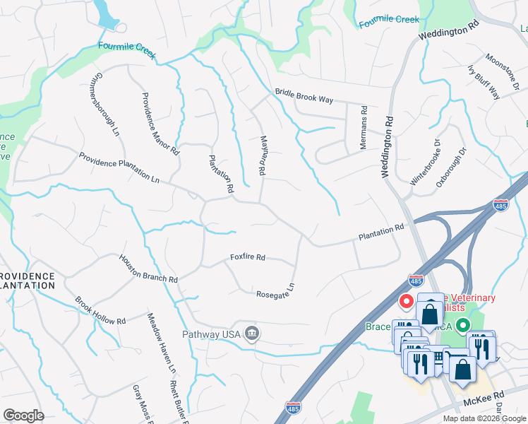 map of restaurants, bars, coffee shops, grocery stores, and more near 3201 Plantation Road in Charlotte