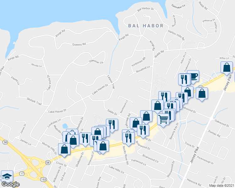 map of restaurants, bars, coffee shops, grocery stores, and more near 4705 Tarpon Trail in Chattanooga