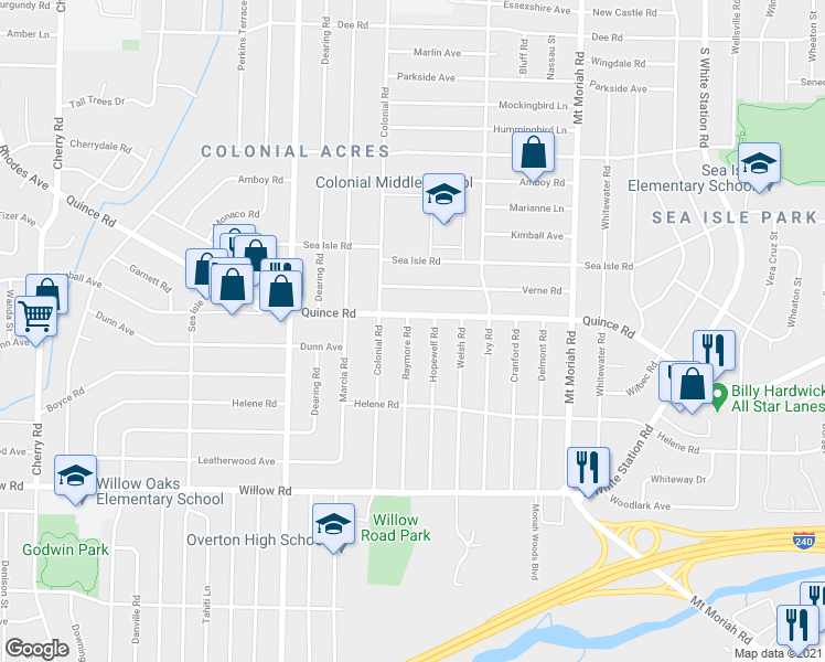 map of restaurants, bars, coffee shops, grocery stores, and more near 4777 Quince Road in Memphis