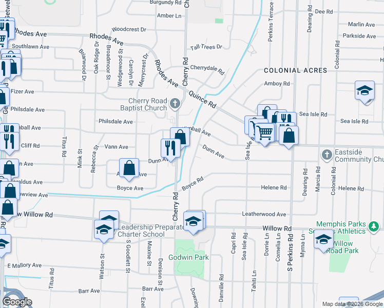 map of restaurants, bars, coffee shops, grocery stores, and more near 1492 Cherry Road in Memphis