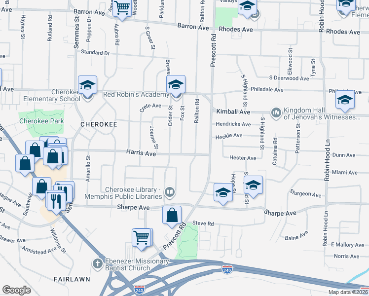 map of restaurants, bars, coffee shops, grocery stores, and more near 1493 Fox Street in Memphis