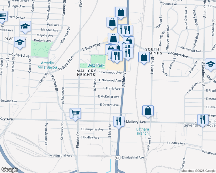 map of restaurants, bars, coffee shops, grocery stores, and more near 130 East Frank Avenue in Memphis