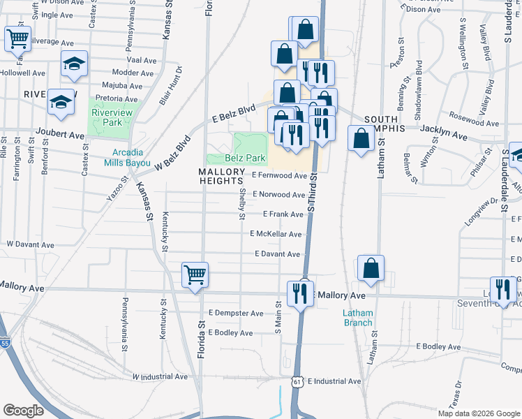 map of restaurants, bars, coffee shops, grocery stores, and more near 89 Mallory Heights Drive in Memphis