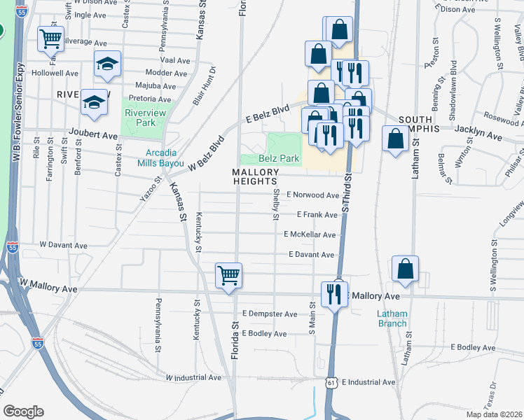map of restaurants, bars, coffee shops, grocery stores, and more near 46 East Frank Avenue in Memphis