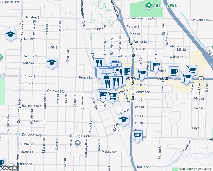 map of restaurants, bars, coffee shops, grocery stores, and more near 1120 Oak Street in Conway