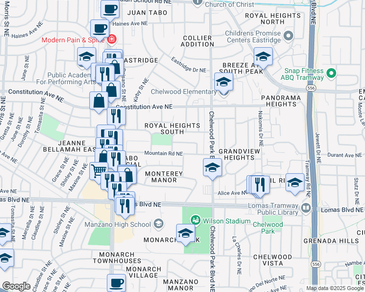 map of restaurants, bars, coffee shops, grocery stores, and more near 12412 Rosemont Avenue Northeast in Albuquerque