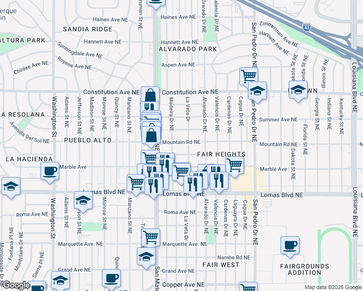 map of restaurants, bars, coffee shops, grocery stores, and more near 5412 Mountain Road Northeast in Albuquerque