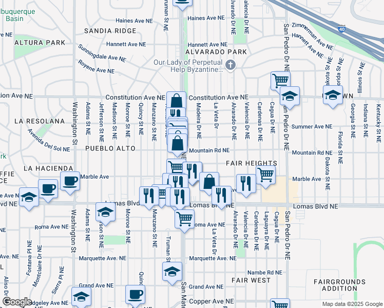 map of restaurants, bars, coffee shops, grocery stores, and more near 5312 Mountain Road Northeast in Albuquerque