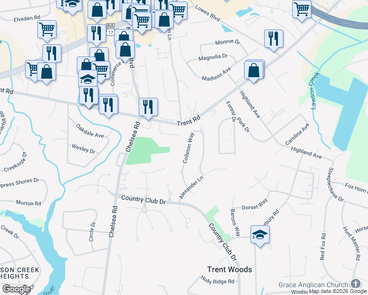 map of restaurants, bars, coffee shops, grocery stores, and more near 1041 Colleton Way in Trent Woods