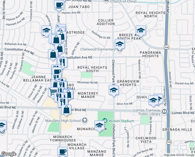 map of restaurants, bars, coffee shops, grocery stores, and more near 12412 Rosemont Avenue Northeast in Albuquerque